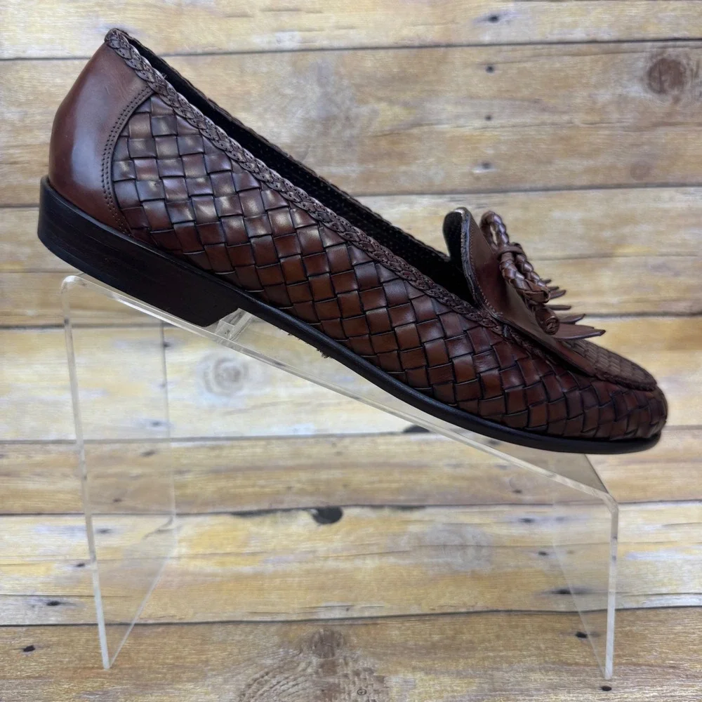 Vintage Bragano Cole Haan Men 10 Woven Leather Kiltie Tassel Loafer Brown Italy